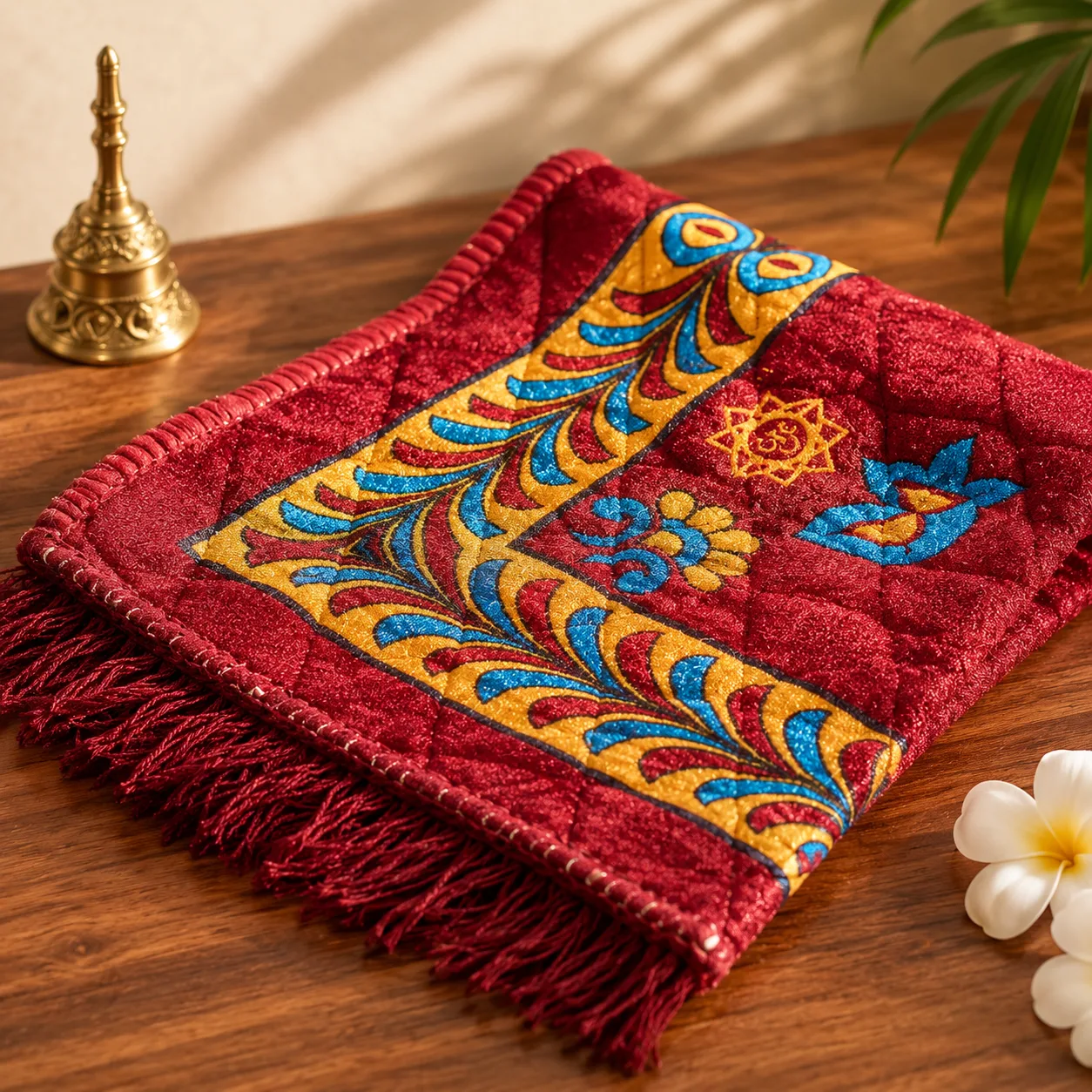 Shraviko Red Velvet Pooja Aasan Cloth with Golden Border – Pack of 3